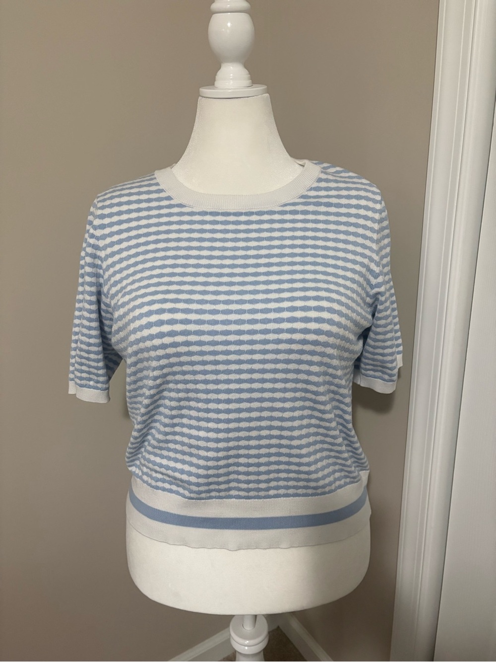Adrianna Papell Light Blue & White Striped Short Sleeve Knit Top